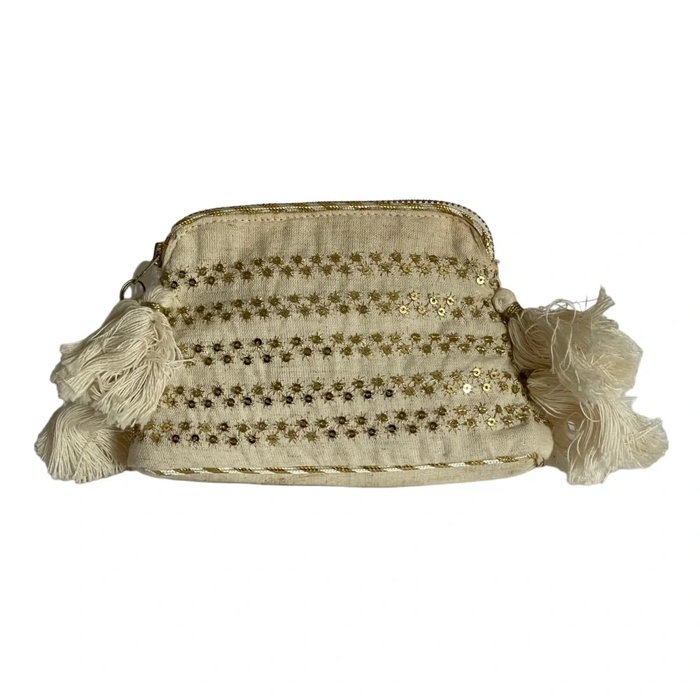 ANTHROPOLGIE Cosmetic Makeup Bag Bundle Natural Colors Tassels Sequins